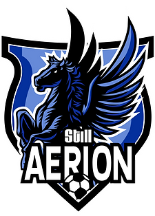 Blue and black winged horse sports logo with soccer ball and 'Still Aerion' text