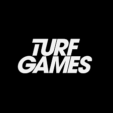 Bold white Turf Games text logo on a solid black background