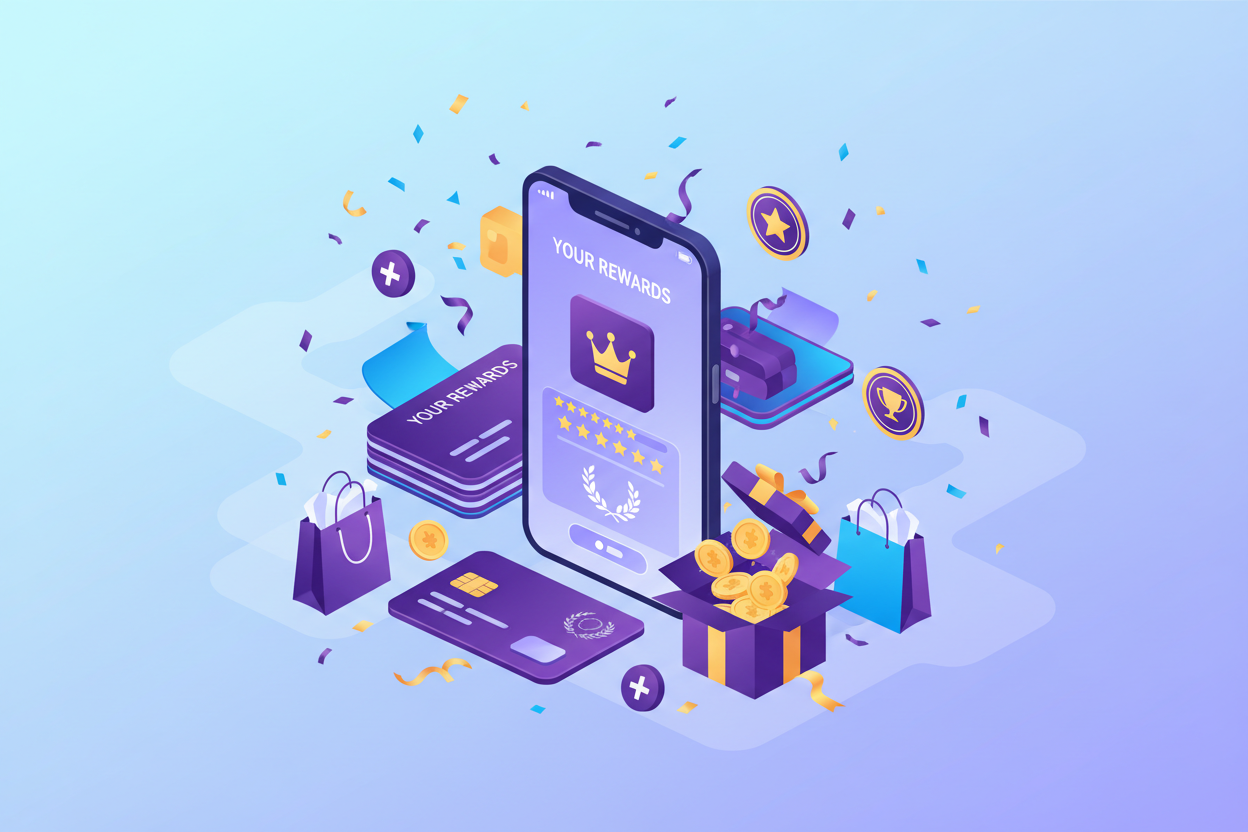 Digital rewards program illustration with smartphone, gift boxes, coins, shopping bags, loyalty cards, and confetti